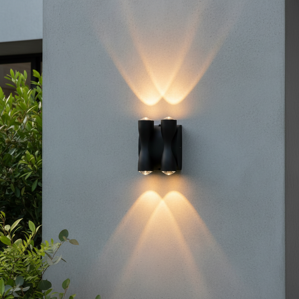 modern black aluminum xylophone outdoor wall light illuminating a patio