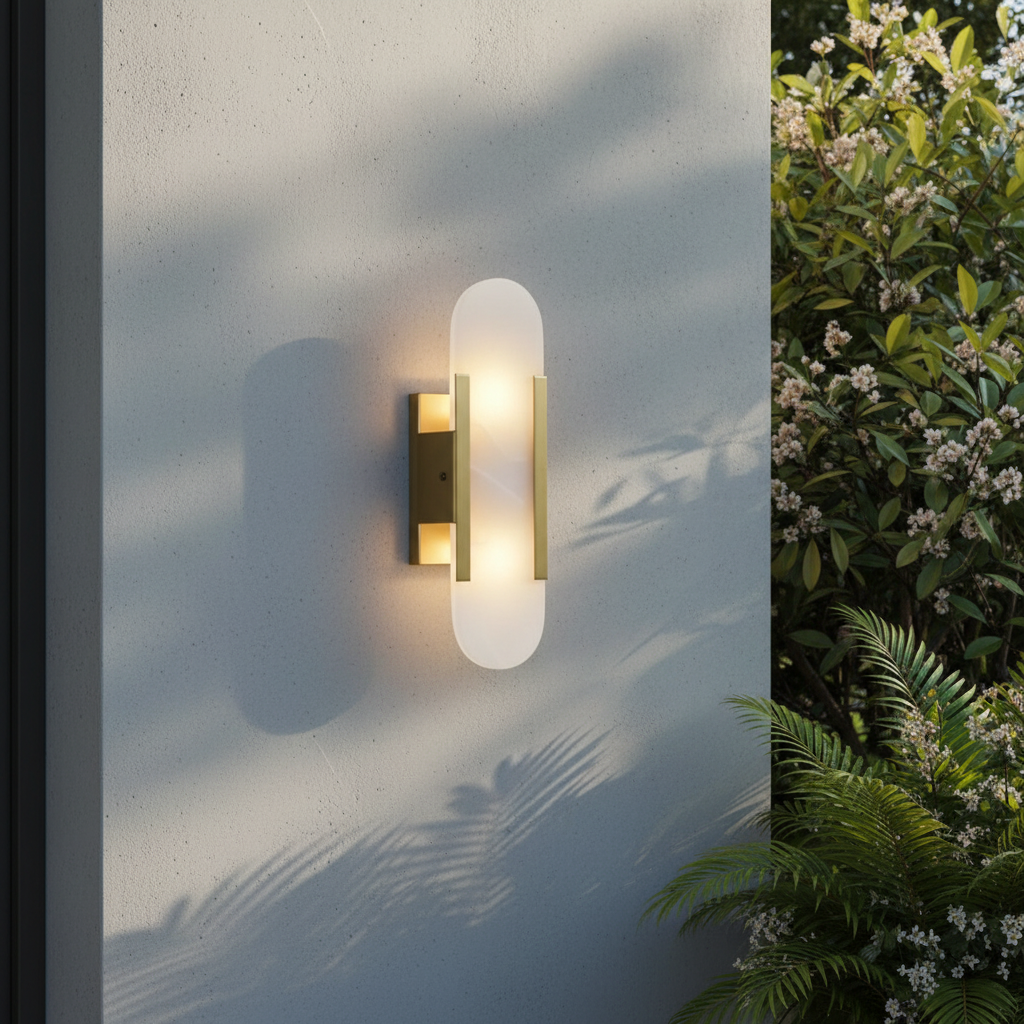Nettle alabaster wall lamp with black metal frame glowing in a modern living room