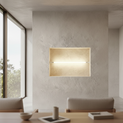 Nab wall lamp glowing in modern living room with minimalist decor
