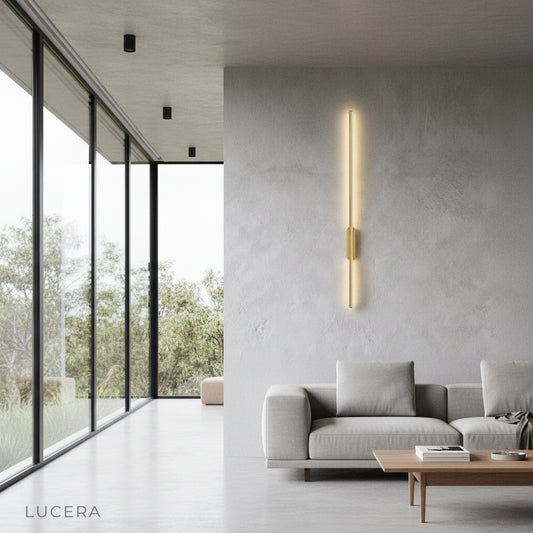 modern baptism wall lamp glowing in elegant living room with warm ambient light