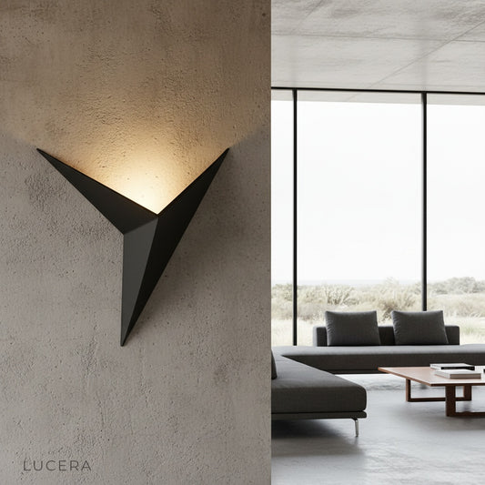 modern Koa wall lamp glowing in minimalist living room with warm ambient light