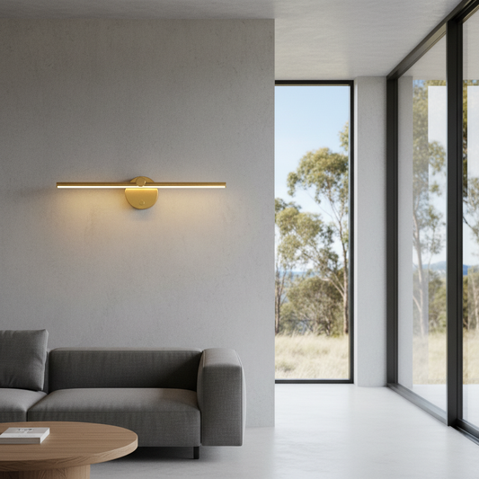 modern aluminum wall lamp illuminating minimalist living room with warm ambient light