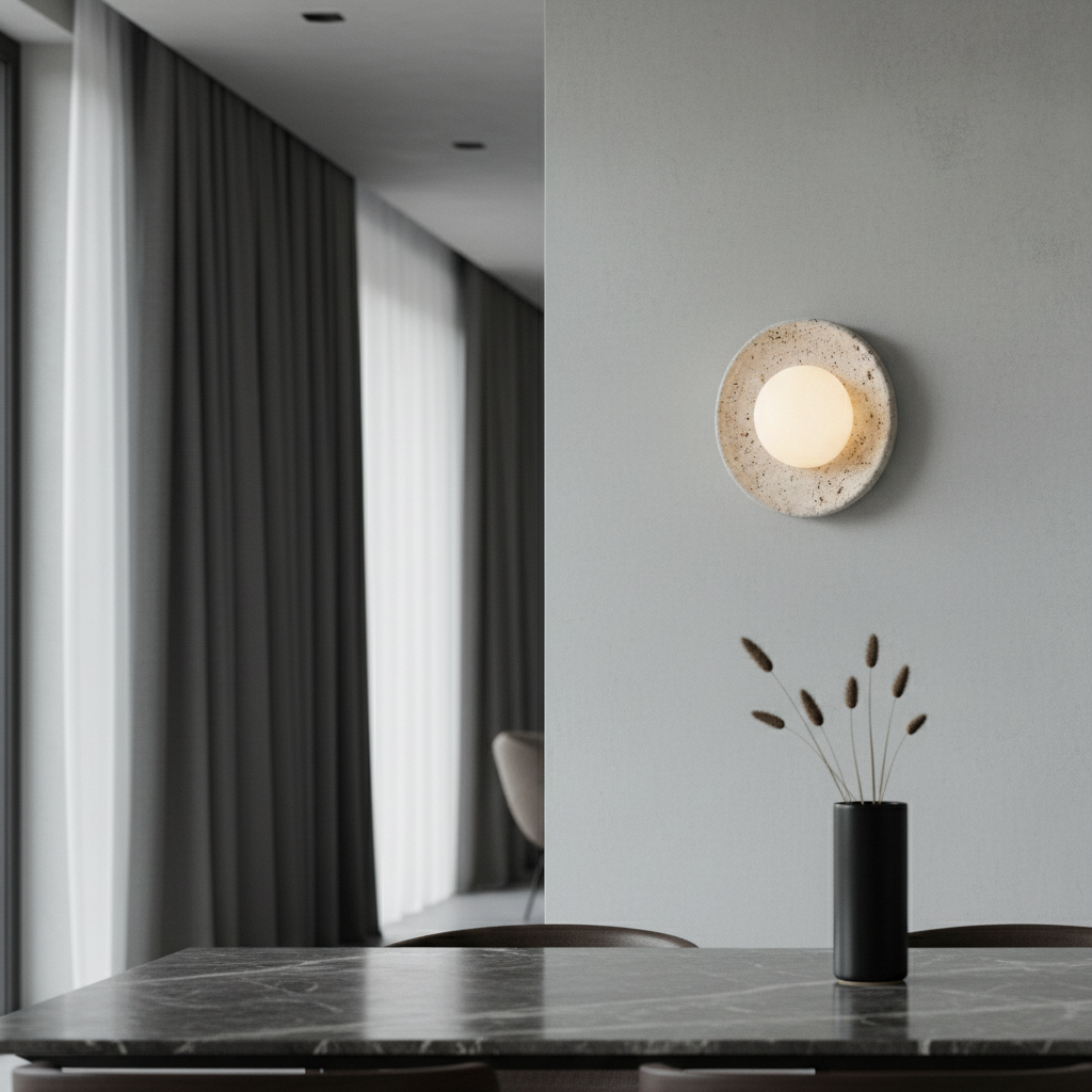 Sagacity Travertine Lamp glowing on a wooden sideboard in a cozy minimalist living room