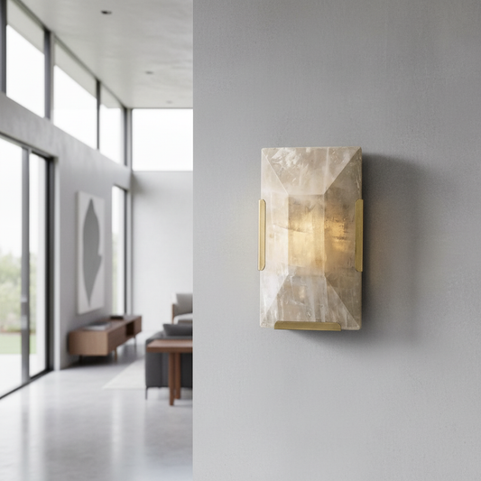 Haut-Médoc wall lamp glowing in modern living room with alabaster stone panels