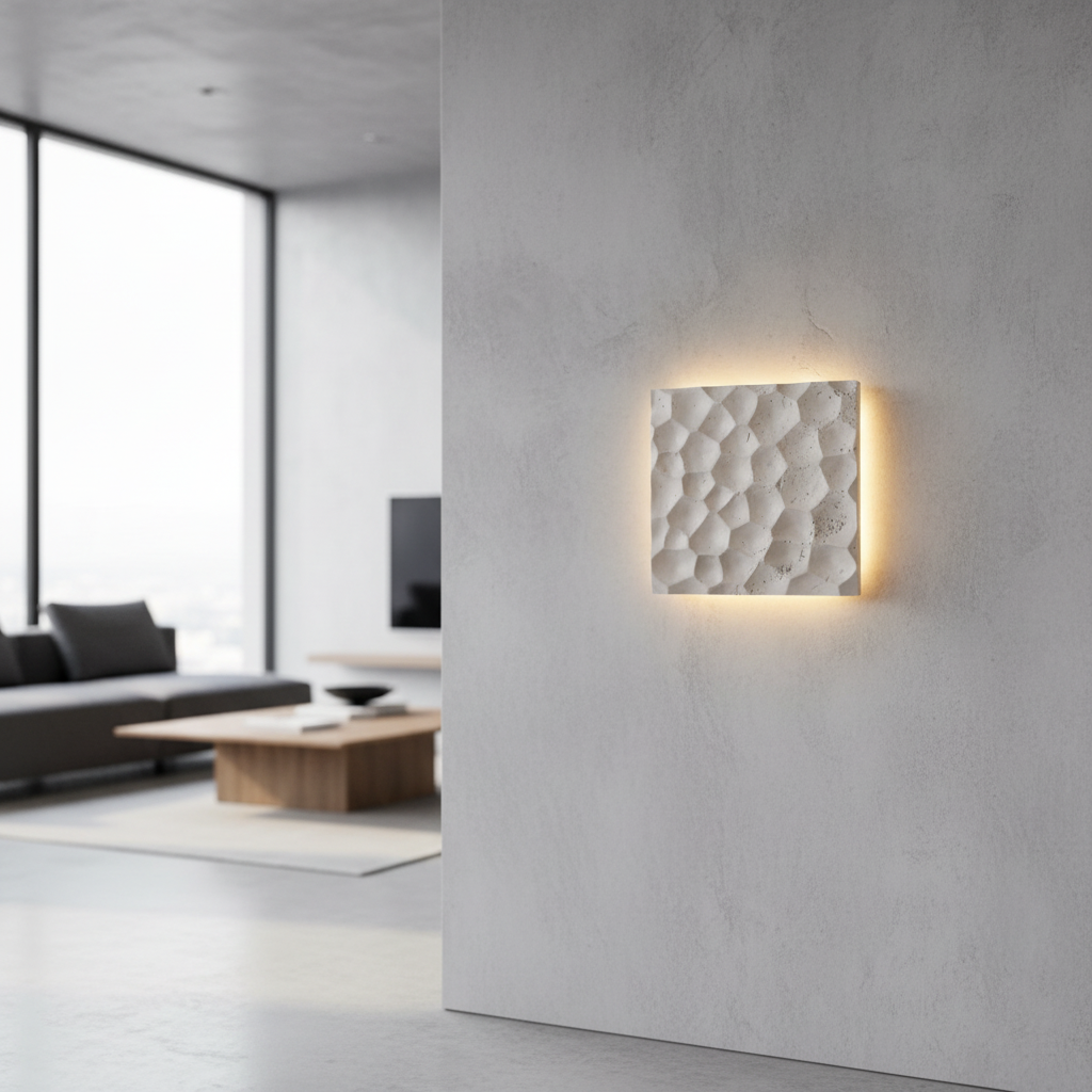 Black travertine hexagonal wall lamp glowing in modern living room