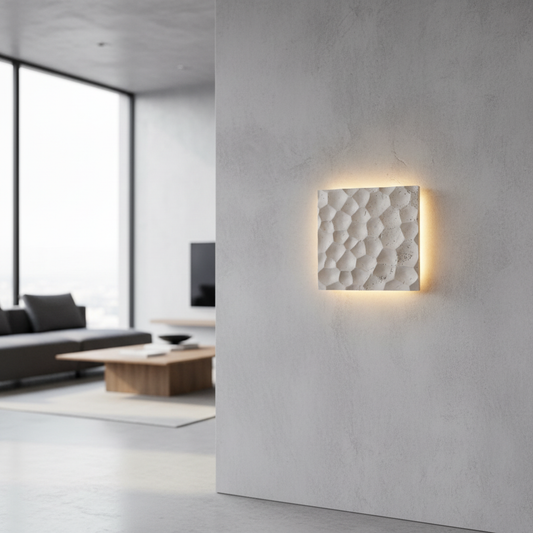 Black travertine hexagonal wall lamp glowing in modern living room
