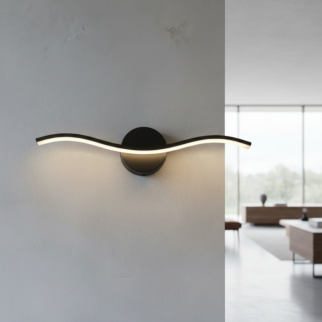 modern volcanic wall lamp illuminating a sleek bathroom vanity with wave-like LED glow