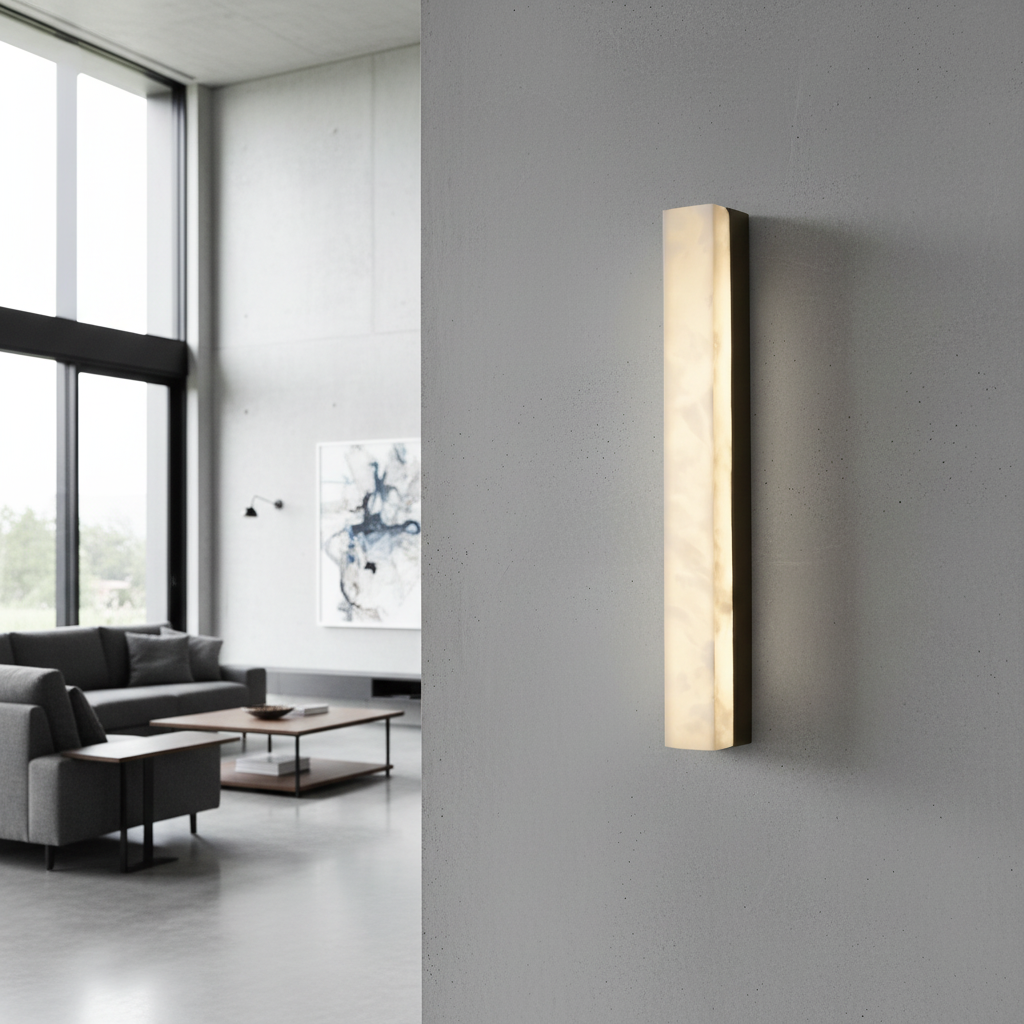 Van Dyke Brown wall lamp glowing warmly in modern hallway with brass accents