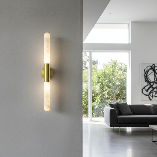 modern Zone Wall Lamp with copper and alabaster diffuser glowing in a cozy bedroom