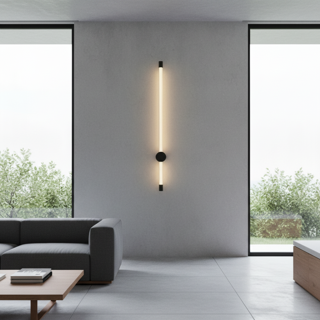 modern yoke wall lamp illuminating a contemporary living room with soft ambient light