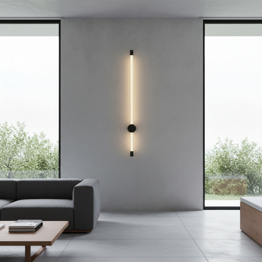modern yoke wall lamp illuminating a contemporary living room with soft ambient light