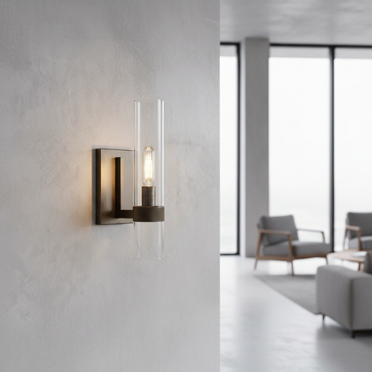 modern brass wall lamp glowing in cozy living room with warm ambient light