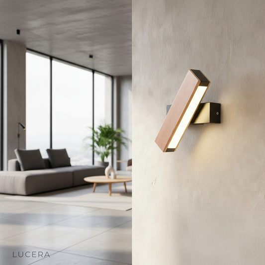 Quodlibet Wall Lamp black acrylic and wood in modern living room with warm ambient light