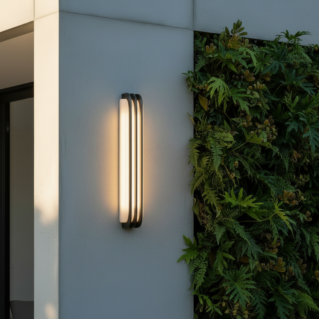 Silver Lume marble sconce glowing in modern bedroom with copper accents