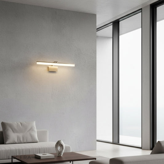 modern iron and acrylic balance wall lamp above bathroom vanity mirror