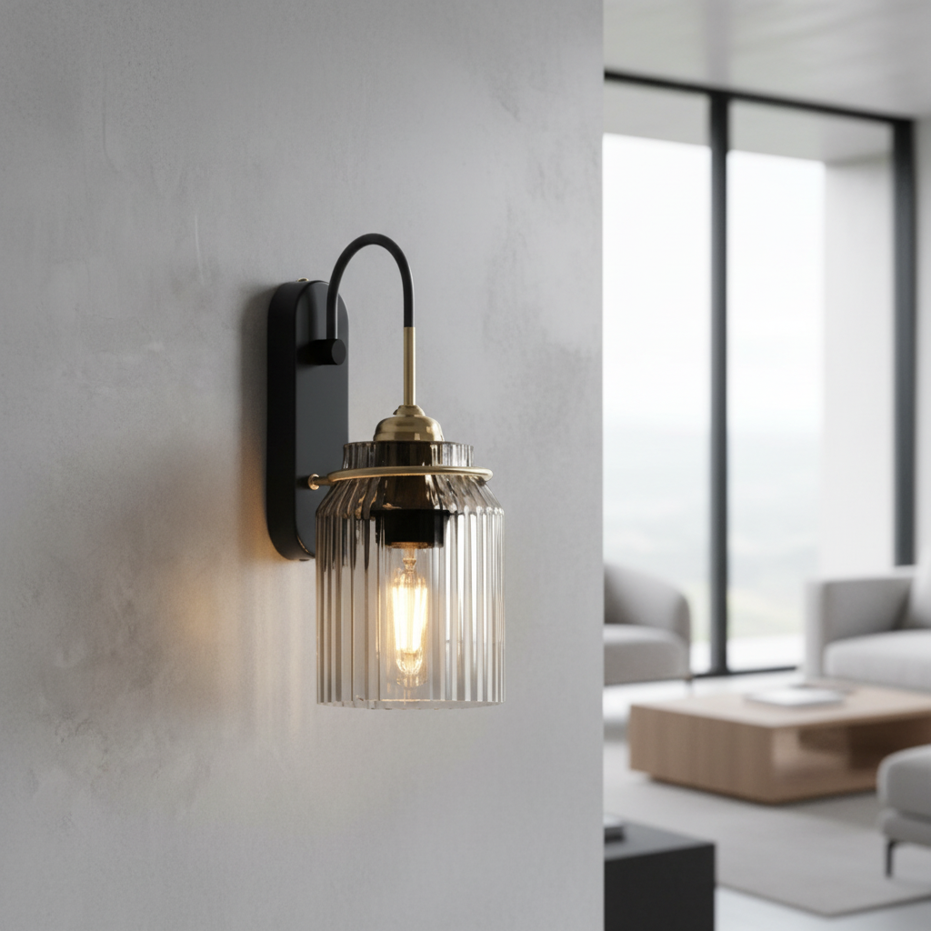 Festa wall lamp glowing warmly above a modern bedroom nightstand with ribbed glass shade