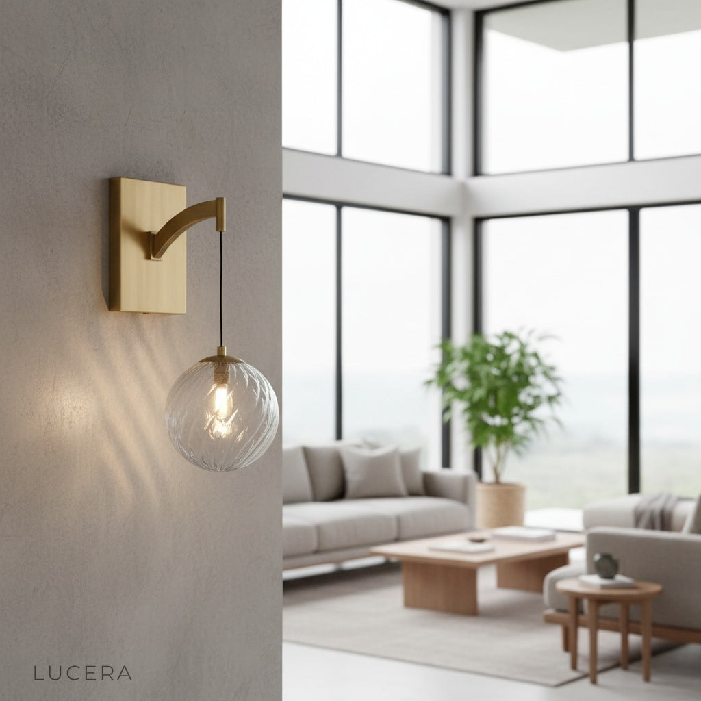 modern copper wall lamp with ridged glass globe in bright living room