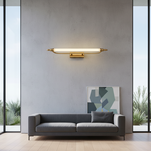 Xander wall lamp in warm metallic finish illuminating a cozy vintage-inspired living room