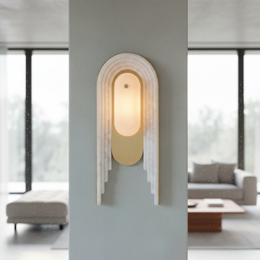 Fulgid wall lamp with arched alabaster stone glowing in a modern living room