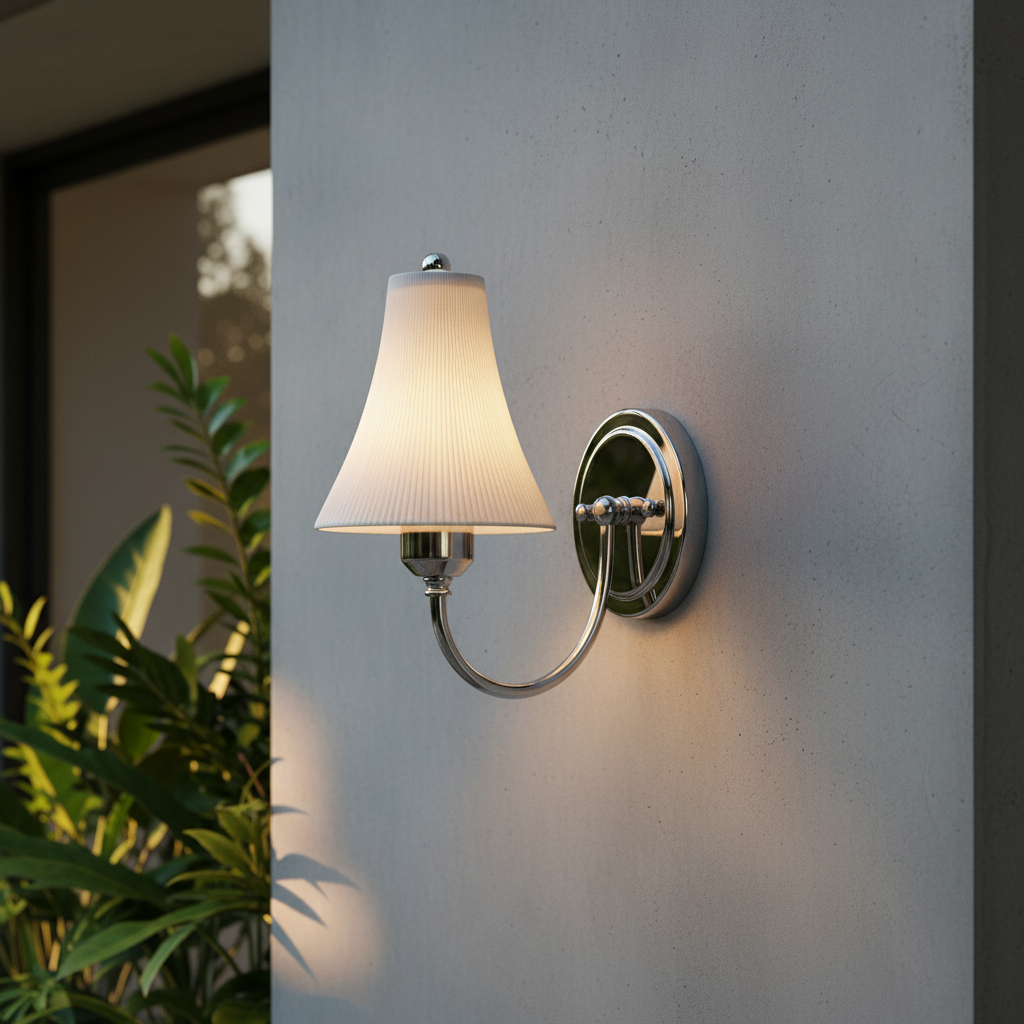 Hearth Wall Lamp curved arm ceramic shade glowing in cozy hallway
