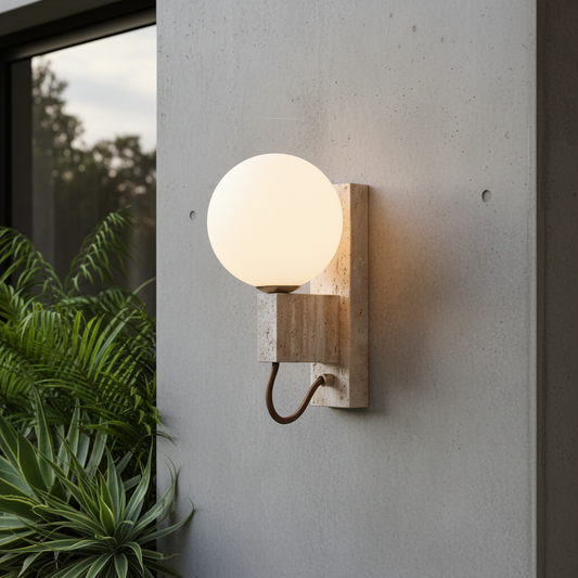 Sole contemporary stone wall light glowing above travertine base in modern hallway