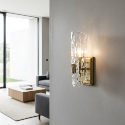 Jubilant Wall Lamp polished copper rippled glass glowing in modern living room