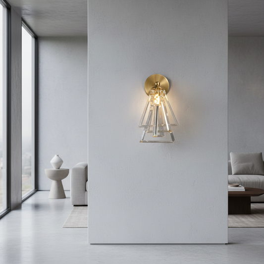 Hebe Wall Lamp with crystal tiers glowing in modern living room