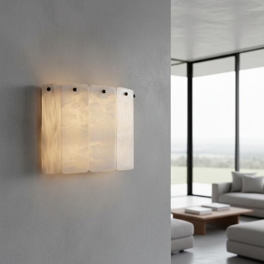 copper and marble wall lamp illuminating modern living room