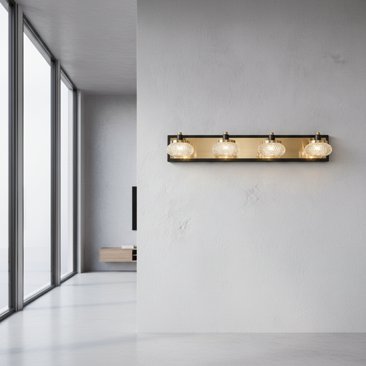 modern LED wall lamp glowing in elegant bathroom with crystal-textured glass shades