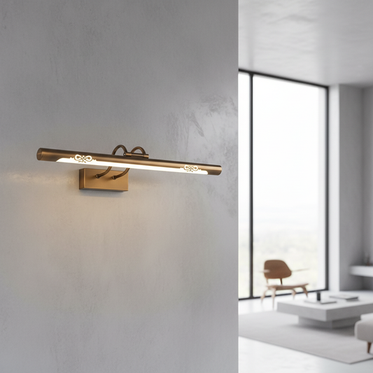 Zinc White Wall Lamp glowing above bathroom vanity mirror with copper acrylic tubular shade
