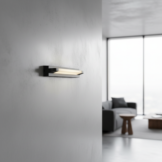 modern acrylic and iron kitsch wall lamp glowing above bathroom vanity mirror