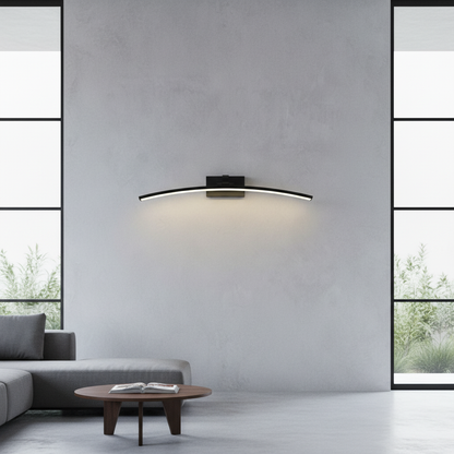 modern ginkgo wall lamp glowing in contemporary living room with warm ambient light