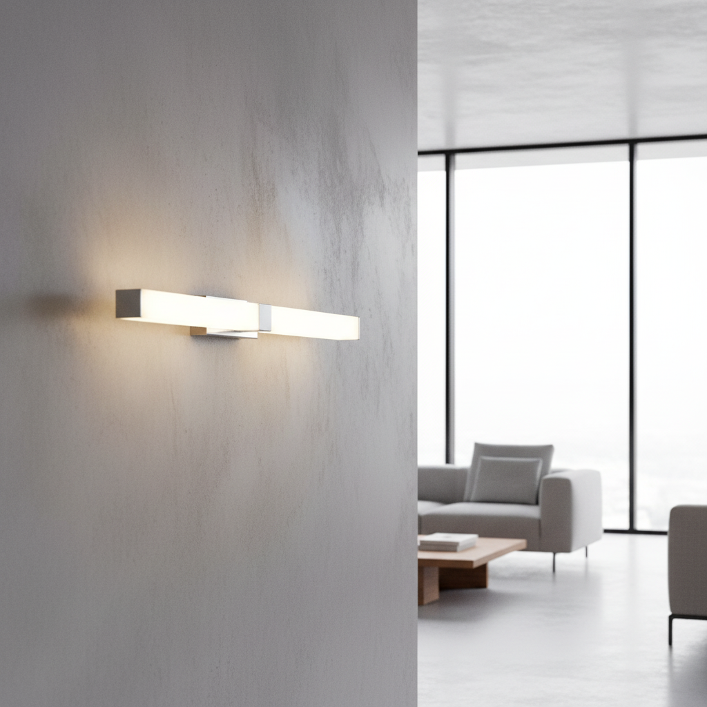 modern stainless steel wall lamp glowing above bathroom vanity mirror