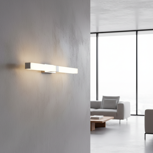 modern stainless steel wall lamp glowing above bathroom vanity mirror