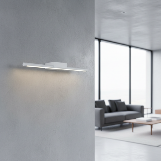 Wave Wall Lamp glowing above a modern bathroom vanity mirror in a sleek contemporary bathroom