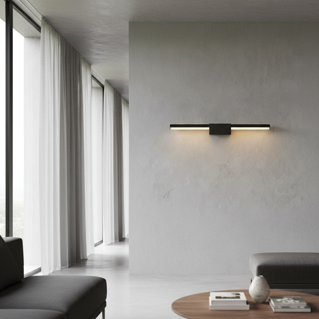 Fiamma wall lamp glowing in modern bathroom with soft ambient light