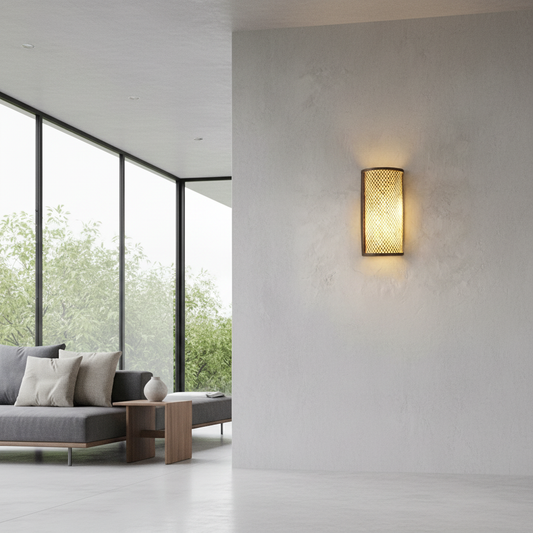Villanelle wall lamp glowing softly in a modern living room with bamboo accents