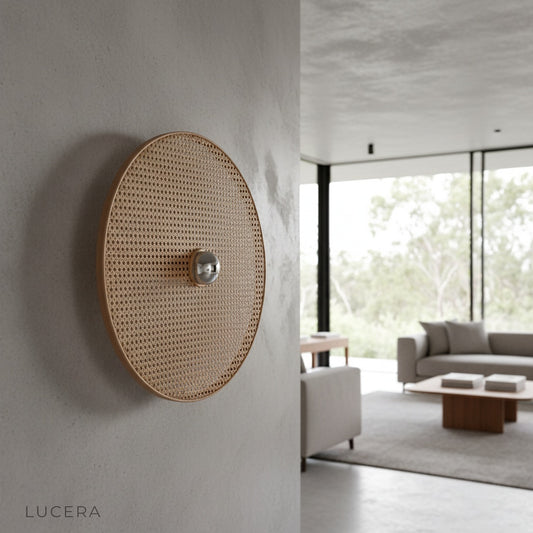 handmade rattan wall lamp glowing in cozy bedroom with warm ambient light