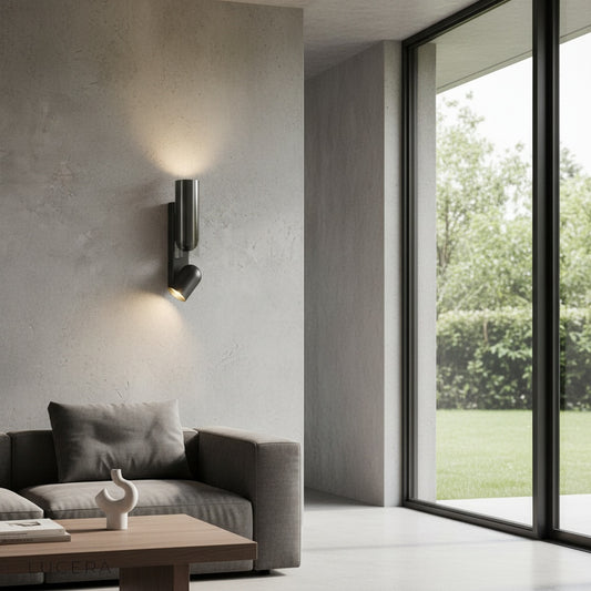 Dore Wall Lamp with two adjustable heads glowing in a modern living room