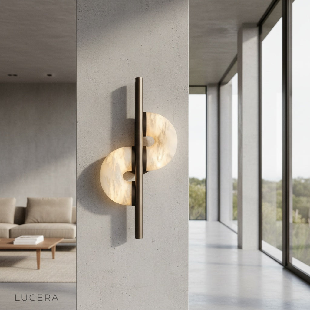 Inception alabaster wall lamp glowing in modern living room with ambient light
