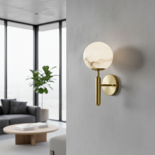 Xanthophyll alabaster wall lamp glowing in modern living room with warm ambient light