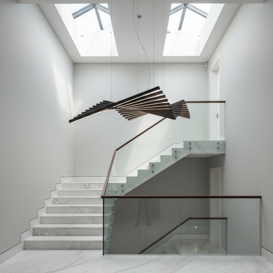 modern black chandelier with rotating bars glowing in a contemporary kitchen
