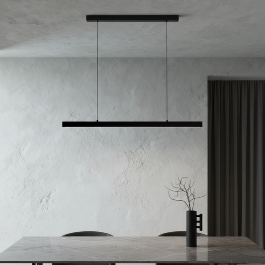 modern wood and aluminum pendant light illuminating cozy living room