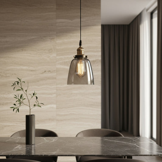 Dominican pendant light glowing over rustic wooden dining table in cozy living room