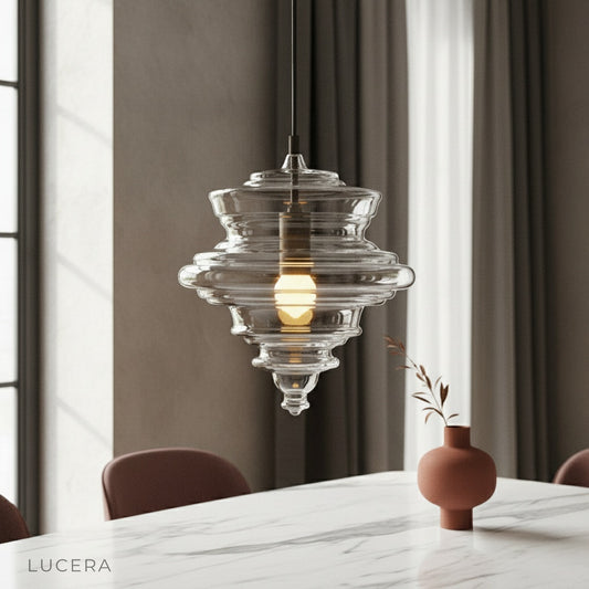 Crepuscular pendant light glowing above modern dining table in warm living room