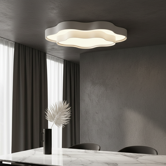 cloud-shaped zither ceiling light glowing in modern living room