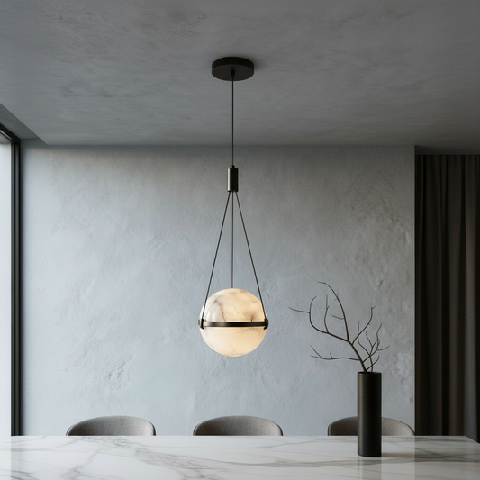 Seraphine Pendant Light with alabaster globe shade illuminating modern living room