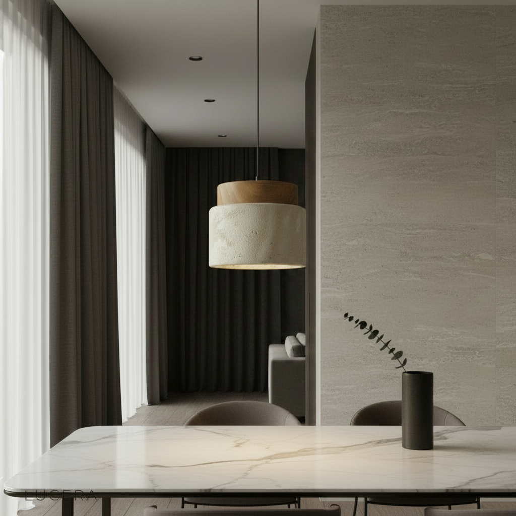 Tenebra ceiling light illuminating modern living room with travertine and wood cylinder