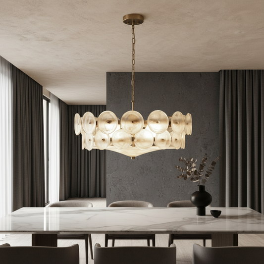 Kore chandelier with layered glass discs glowing above a dining table in a modern living room