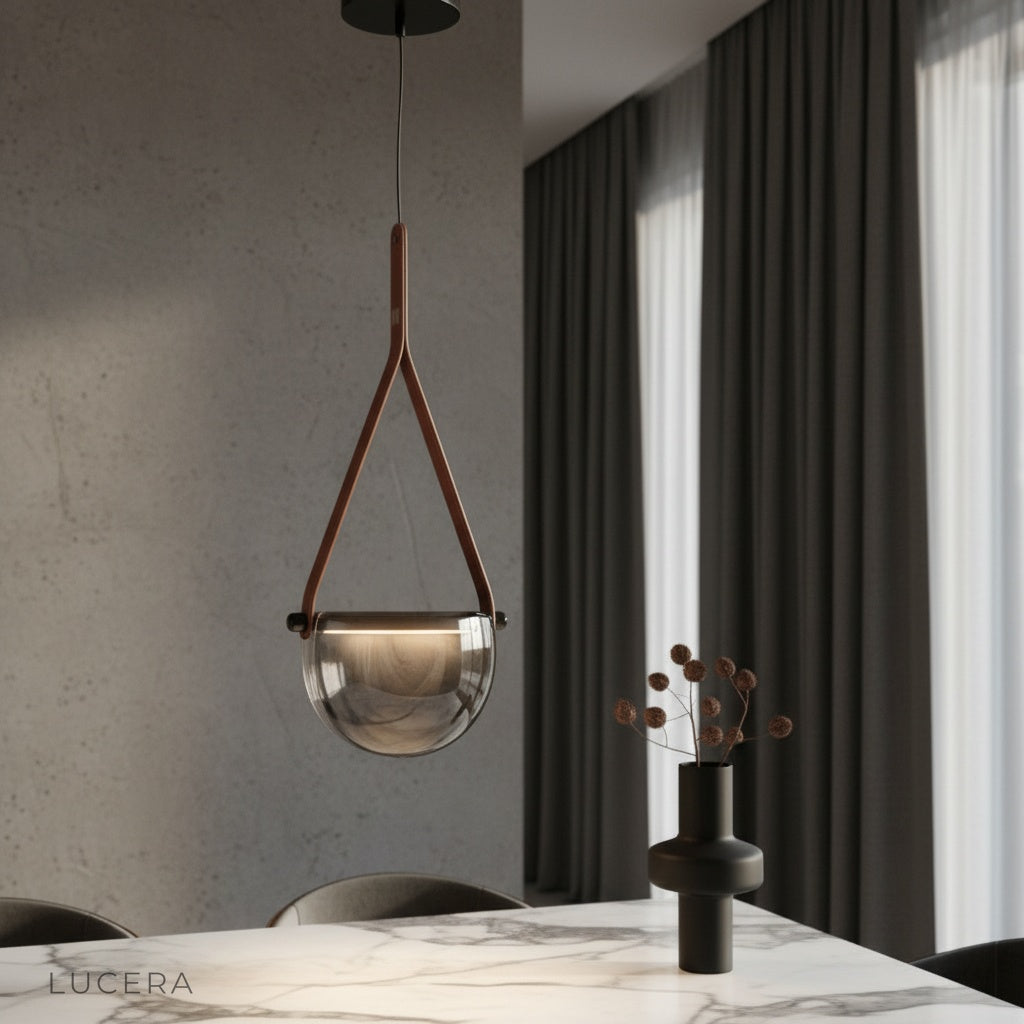 Glimmer leather pendant light glowing over a cozy bedroom nightstand